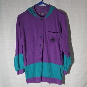 Purple & Teal Blue Hooded Button-Up Sweatshirt Mens M 80s Vintage